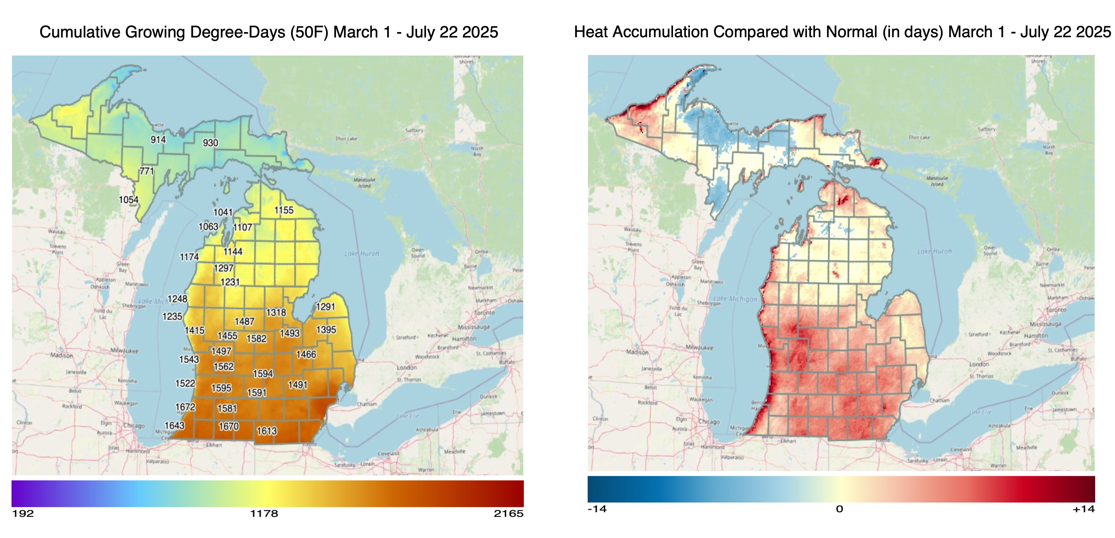 Growing Degree Days (Base 50°F) and Departure from Normal (as of July 23, 2025) Left Panel: Map of Michigan showing accumulated growing degree days (GDD) since the beginning of the growing season. Southern counties exceed 1600 GDD, while northern areas are below 1000 GDD. Right Panel: Departure from normal GDD. Southern Michigan shows GDD 10–14 units above normal (red), while parts of the northern Lower Peninsula and Upper Peninsula are slightly below normal (blue).